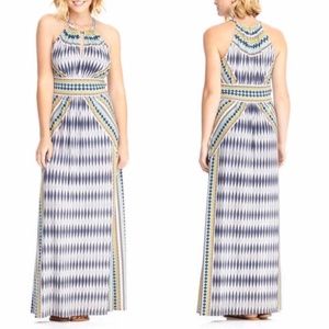 London Times Ikat Diamond Halter Maxi Dress